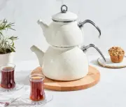 Karaca Crystal Cream Enamel Teapot Set - Durable & Stylish - 1.1L Teapot + 2.3L