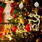 3 PCS Christmas Window Decorations,Jingle Bell - Reindeer-Christmas Tree Christmas Window Lights with Suction Cup,Battery Operated with Suction Cup (Warm White)