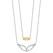 14k Two-Tone Gold Real Diamond Wings w/Halo Double Strand 18in Necklace