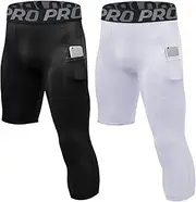 [Lanbaosi] 2 Pack 3/4 One Leg Compression Tights for Basketball Leg Sleeve Capri Athletic Base Layer Underwear for Gym Running