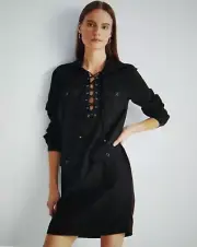 Lauren Ralph Lauren Women's Long Sleeve Lace-up Black Shift Mini Dress Size 2