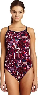 Speedo Women's Cubicle Endurance Plus Flyback Swimsuit Polyester Navy/Red/White