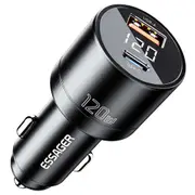 ESSAGER 120W Car Charger, USB-A+Type-C, Digital Display, Smart Chip, Shrapnel Design - Black