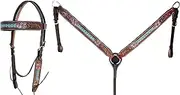 CHALLENGER Horse Floral Tooled Turquoise Laced Browband Bridle & Breast Collar Set 78FK30B