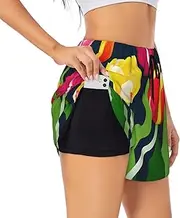 [WURTON] Colorful Tulips Pattern Print Exercise Gym Workout Shorts Women's Athletic Shorts Dual-Layered Yoga Running Shorts