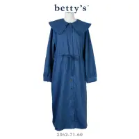 在飛比找momo購物網優惠-【betty’s 貝蒂思】荷葉邊翻領腰間抽繩牛仔洋裝(深藍)