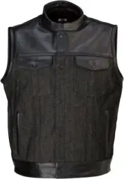 Z1R Linch Mens Denim/Leather Motorcycle Vest Black