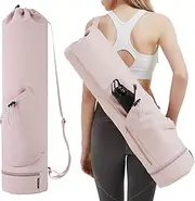 Yoga Mat Bag, Full Zip Exercise Yoga Mat Carrier Bag, Double Storage Pocket, Sling Yoga Tote for Women Men with Multi Functional Storage Pockets and Adjustable Shoulder Strap, Fits Most Mats (Pink)