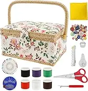 Portable Sewing Box - Sewing Basket with Accessories Practical Sewing Organizer with Removable Tray Vintage Sewing Supplies Basket for Needles Thread Sewing Mending