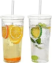 GOSCHE Glass Cups with Lids and Straws, 20oz Glass Cups Drinking Jar, Clear Iced Coffee Cups, Vintage Ripple Glass Tumbler for Water Coffee Tea, Clear, 2Pcs