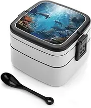 Blue Ocean Underwater Fish Bento Box Adult Stackable 2 Layers Containers Reusable Leakproof Lunch Containers for Adults Travel 33oz Lunchbox with Spoon Portable Bento Boxes, Microwave Dishwasher Safe
