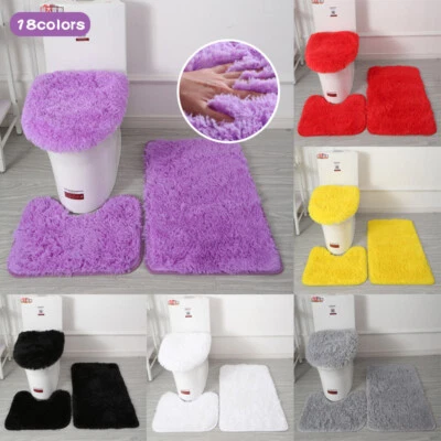 3Pcs Non Slip Solid Plush Bath Rug Contour Mat Toilet Lid Cover Bathroom Set
