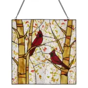 Handcraft Cozy Cardinals Stained Glass Window Decorative Wall Art Panel Display