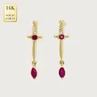 14K REAL Solid Gold Dagger with Ruby Cartilage Stud Earrings Lobe Minimal