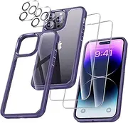 iXTRA 5 in 1 iPhone 14 Pro Case Clear with 2 Glass Screen Protectors & 2 Camera Lens Protectors Not Yellowing Military Grade Drop Protection Slim Shockproof iPhone Case Cover 6.1 Inch, Purple