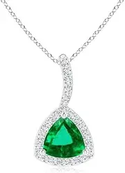 [Angara] Natural Trillion Emerald Halo Pendant Necklace with Curved Bale in Sterling Silver/10ct/14ct Solid Gold for Women | May Birthstone Jewellery for Her