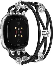 [Newlibery] Beaded Bracelet Compatible with Fitbit Versa 4/Versa 3/Sense 2/Sense Bands Women, Boho Soft Elastic Stretchy Nylon Braided Strap Fancy Dressy Charms Wristband for Fitbit Smartwatch, M