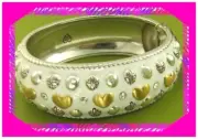 BRIGHTON ROCKIN HEARTS White Silver OVAL Hinged HEAVY BANGLE Bracelet NWotag