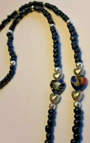 BLACK 23" EYEGLASS CORD/SILVER HEART ACCENTS/ LAMPWORK BEADS