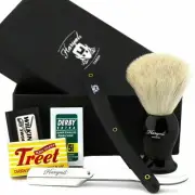 Barber Salon Cut Throat Razor Kit with Badger Hair Shaving Brush for Gift Men