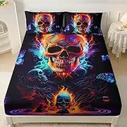 AILONEN 3D Colorful Skull Fitted Sheet Set Queen Size, Fire Skull with Butterfly Bedding Set for Kids,Boys,Girls,Boho Gothic Skeleton Bones Bed Sheet Set,1 Fitted Sheet 2 Pillowcases,3-Piece