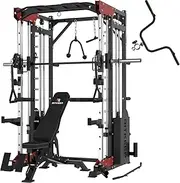 RitKeep PMAX-5600 Professional Fitness Smith Machine with 326lb Weight Stacks, 6 in 1 Home Gym Power Cage with Smith Bar, and Two LAT Pull-Down Systems (Red with Black Bench)