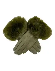 [Dents] Touchscreen Velour-Lined Faux Suede Gloves in Green