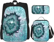 [StOlmx] 3 Pcs Set Backpack,Waterproof Bookbag, Insulated Lunch Bag & Pencil Case Pouch, Travel,Hiking,The Sea Print, Teal Agate, One Size