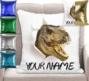 Personalised T-Rex Dinosaur Cushion Cover Sequin Pillow 5 Colours