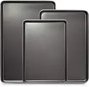 3 Pieces Nonstick Cookie Sheet Baking Tray Set, Non Stick Baking Pans Set | Carbon Steel Tray Bakeware Set | Oven Safe Baking Set | Cookie Sheet Pans | Food-Safe Tray (Grey)