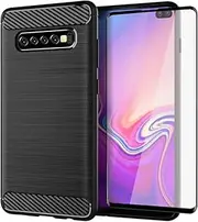 [Asuwish] Phone Case for Samsung Galaxy S10 Plus with Screen Protector Cover and Slim TPU Cell Accessories Protective Glaxay S10+ Galaxies S10plus 10S Edge S 10 10plus Cases Women Men Carbon Fiber Black
