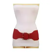 Women Red Color Elastic Wide Fashion Belt Hip High Waist Gold Square Buckle S M