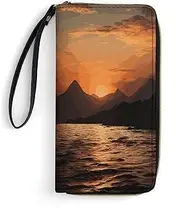 [BFGWK] Large Wallet Novelty Mountain And Water at Sunset Printing Long Wallet With Zipper Leather Wallet Suitable For Both Men And Women, style, 19.7x10.5cm, Style, 19.7x10.5cm, 现代
