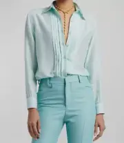 $1650 Tom Ford Women's Blue Pleated Silk Button-Front Blouse Top Size 40