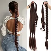 Long Braided Ponytail Extension With Elastic Hair Tie Straight Sleek Wrap Around Braid Hair Extensions Ponytail, DIY Natural Soft Synthetic Hair Piece For Wome