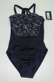 Bloch Girls Halter Neck Print Mesh One Piece Swimsuit Black Size Large