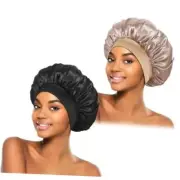 2Pcs Silk Bonnet for Sleeping, Satin Hair Bonnets, Soft Elastic Band Black/Gold