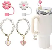 [LUHOHI] 6pcs Straw Cover Cap for Stanley Cup 30&40 OZ 10mm Flower Reusable Silicone Preppy Cute Lid Topper with 2pcs Initial Personalized Letter Charm Simple Modern Accessory Tumblers Accessories A