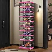 CIMLORD 9-Tier Foldable Shoe Rack for Closet Entryway 9-18Pairs, Stackable Clear Shoe Storage Boxes Organizer with Door Plastic Small Shoe Cabinet Bins with Lids Shoes Shelf Easy Assembly（Black-pink）