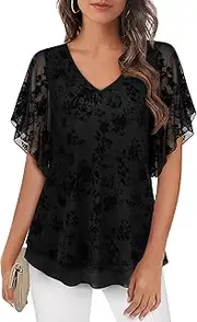 [Furnex] Women's Casual V Neck Chiffon Blouses 3/4 Sleeve Button Down Shirts Tunic Tops