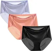 [HEJIGOOD] 3 Pack Womens Briefs Underwear No Show Seamless Mid Waisted Hipster Ice Silk Stretchy Soft Ladies Panties M-XXL