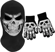 [SGHE] Skeleton Skull Halloween Balaclava Cap Full Face Mask for Gift Game Cosplay Costume Cycling Outdoor Sporting Camping Hiking Warm with Gloves
