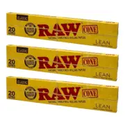 3 x Raw Classic Natural Unrefined Lean Pre Rolled Paper Cones 60 Cones Total