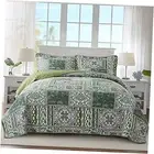 Cotton Bedspread Quilt Sets-Reversible Patchwork Queen Green Classic Bohemian