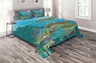 Ocean Quilted Coverlet & Pillow Shams Set, Sealife Turtles Aquatic Print