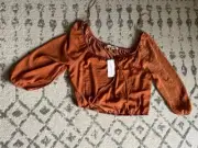 Pink Rose Women's Boho Crop Peasant Blouse Size L Strings NWT Burnt Orange