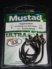 6 Pack Mustad R10814NPBN-80 Ringed Hoodlum 5X Strong Live Bait Hooks Size 8/0