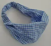 NEW LIGHT BLUE WHITE CHECKERED HAIR STRETCHY ELASTIC HEADBAND BANDANA GIFT NWT