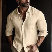 Men's Shirt Linen Shirt Summer Shirt Beach Wear Plain Vacation Casual White Blue Green Khaki Long Sleeve Lapel Spring Summer All Seasons Clothing Apparel Basi