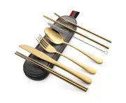 Portable stainless steel tableware set, travel camping tableware set, portable tableware travel silver tableware set - Golden